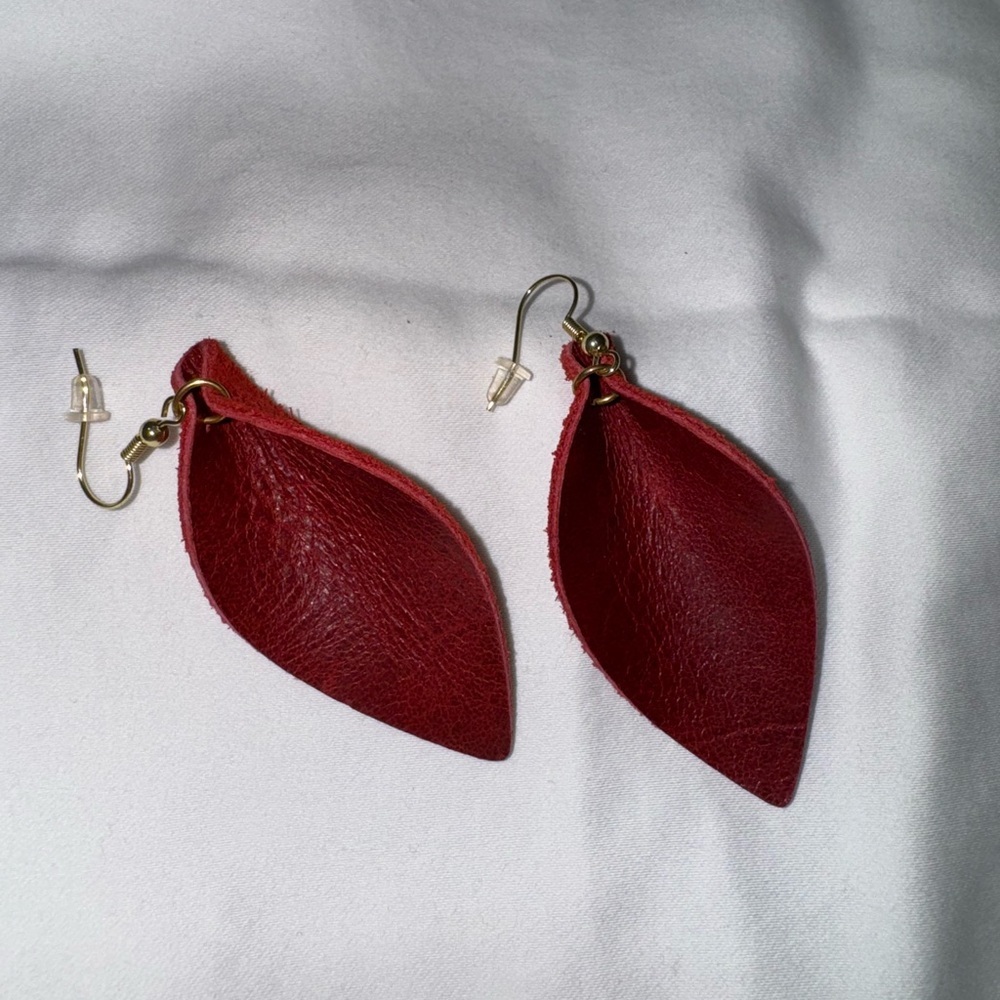Red Leather Pinched Petal Earrings – Genuine Leather Dangles